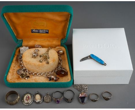 Collection of silver jewellery to include silver rings, silver necklace with blue john style pendant, silver charm bracelet, 