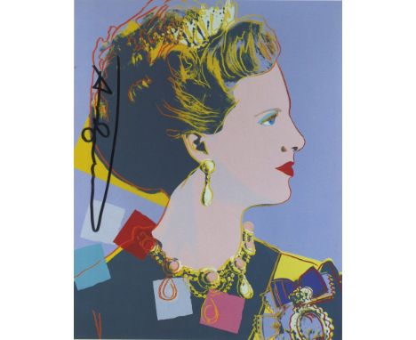 Andy Warhol (American, 1928 - 1987). "Queen Margrethe (#1)". Color offset lithograph. 1985. Signed in black felt tip pen, upp