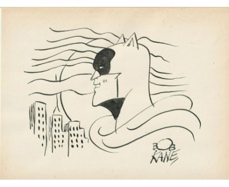 Robert "Bob" Kane (American, 1915-1998). "Batman". Pen and ink drawing on paper. 1984. Signed lower right. Drawn on cream wov