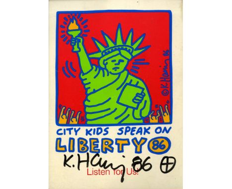 Keith Haring (American, 1958 - 1990). "City Kids Speak on Liberty [sticker print]". Color lithograph. 1986. Signed and dated 