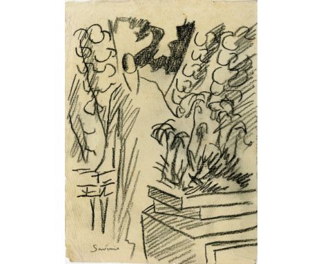 Alberto Savinio (Italian, 1891-1952). "Studio per il Dipinto "Le pére eternal contemple le maquette du paradis terrestre"". O