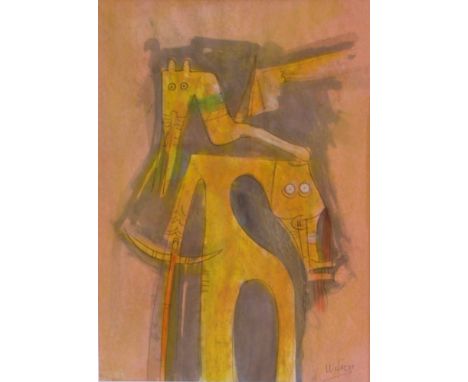 Wifredo Lam (Cuban, 1902 - 1982). "Figuras Geometricas". Gouache on paper. c1958. Signed lower right. White wove paper. Very 