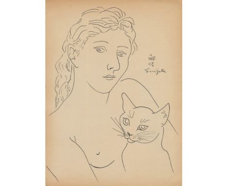 Leonard Tsuguharu Foujita (Japanese/French, 1886 - 1968). "Fille avec chat". Ink drawing on paper. c1930. Signed in pencil, u