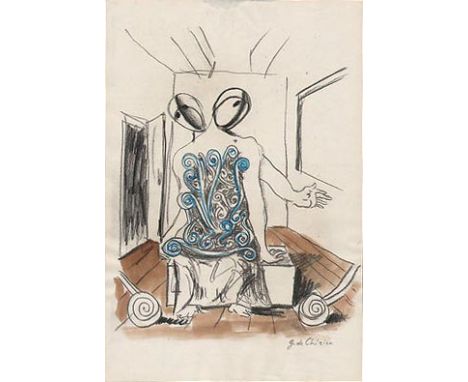 Giorgio de Chirico (Italian, 1888-1978). "Interno con Figure Metafisiche". Mixed media drawing. c1930s. Signed lower right. L