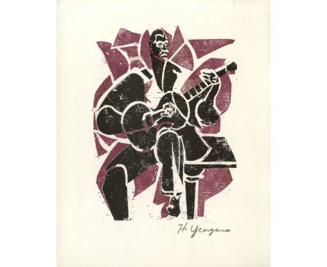 Hartwell Yeargans (American, 1915-2005). "Folksinger". Original color linocut. 1965. Signed with the initials, lower right; e