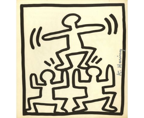 Keith Haring (American, 1958 - 1990). "Pyramid". Lithograph. 1982. Printed 1982. Signed by Haring in silver marker. A proof (