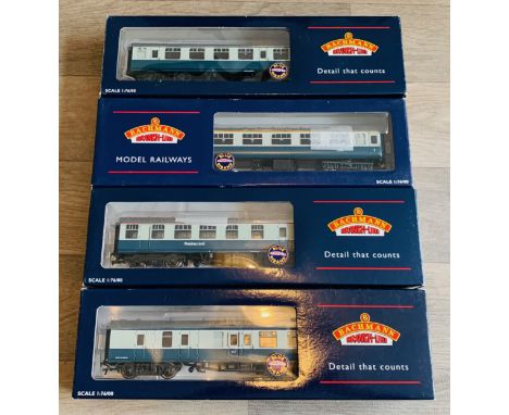 4x Bachmann OO Gauge BR Mk1 & Mk2 Blue & Grey Passenger Coaches To Include: 39-025A, 39-330, 39-100, 39-075 - All BoxedP&P gr