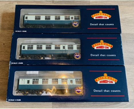 3x Bachmann OO Gauge BR Mk1 Blue & Grey Passenger Coaches To Include: 1x 39-150 First FK, 2X 39-050B Open SO - All BoxedP&P g