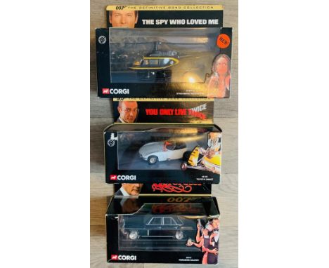 3x Corgi James Bond Diecast Model Cars - Including: CC04101 Stromberg Helicopter, 65102 Toyota 2000GT, 05701 Mercedes Saloon 