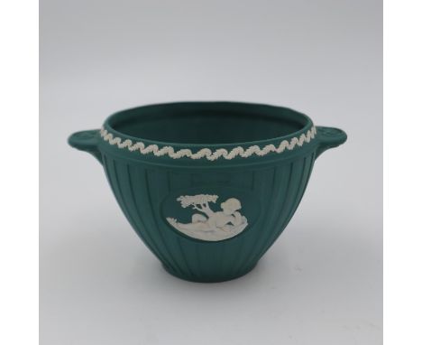 Wedgwood twin handled small Jasperware planter in teal, H: 8.5cm. UK P&amp;P Group 1 (£16+VAT for the first lot and £2+VAT fo