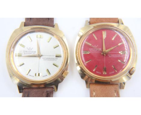 SWISSAM: two Extraflat gents manual wind wristwatches, each on new brown/tan leather straps and both working at lotting up. U
