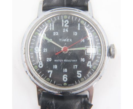 TIMEX: Sprite military style midi manual wind wristwatch with black dial, luminescent chapters with date aperture, on a new l