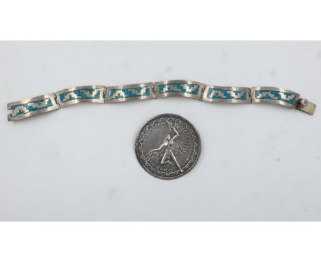 Mexican 925 silver panel bracelet with turquoise enamel, and a circular Mexican silver brooch. UK P&amp;P Group 1 (£16+VAT fo