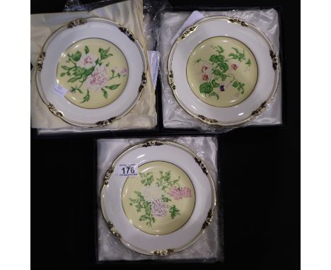 Royal Crown Derby limited edition boxed cabinet plates, Chrysanthemum, Peony and Fuschia, D: 22 cm, no condition issues noted