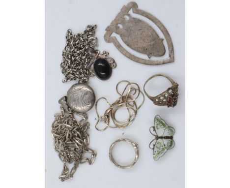 Hallmarked and sterling silver items to include a page marker, Norwegian enamel brooch, necklaces, combined 54g. UK P&amp;P G