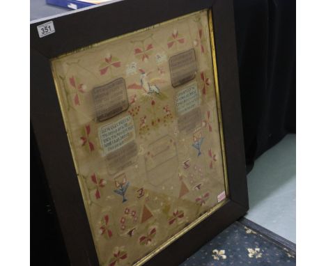 Large 1860 Victorian sampler, named Gwen Howells, dated 1852, and framed, 53 x 66 cm. Not available for in-house P&amp;P