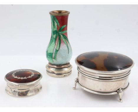 Two sterling silver trinket boxes with tortoise shell inlaid covers, and a silver and cloisonne enamel vase, height of vase 7