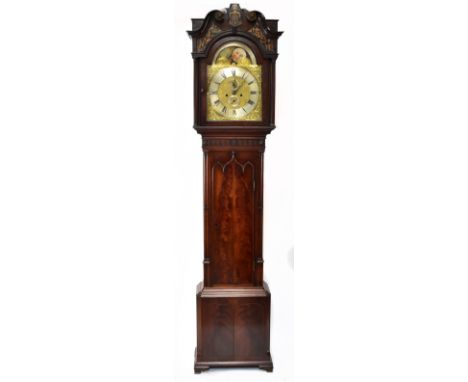 A George III mahogany longcase clock, the broken swan neck pediment above painted panels, with arched dial inscribed 'Ashtons