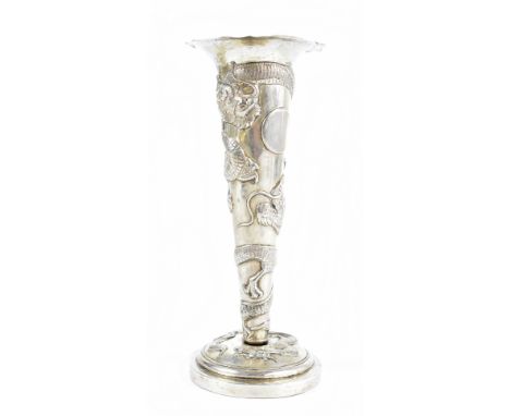 KWAN WO (Canton or Hong Kong); a Chinese silver vase with shaped rim and embossed tapering central column decorated with drag