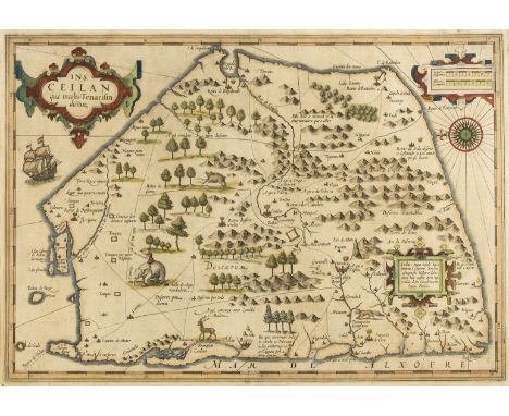 Sri Lanka.- Mercator (Gerard) and Jodicus Hondius. Ceilan Quae Incolis Tenarisin Dicitur, early map of Sri Lanka shown as a f