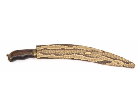 19th century possibly Indian Kukri knife with python scabbard, overall length of knife: 34cm long