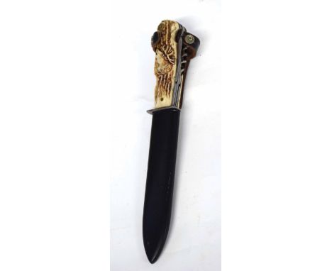 20th century hunting knife/combi-tool made by Takora/Solingen, made in Germany, D.B.G.M. plastic grip depicting stag's head m