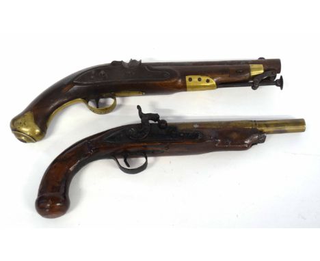 Two pistols, one Georgian Tower flintlock pistol converted to percussion cap, with brass butt cap, stamped "111.M.C.74" to br