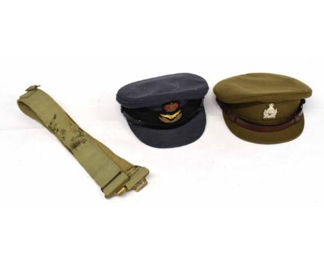 20th century RAF peak cap by Moss Bros together with Army peak cap with Elizabeth II Intelligence Corps cap badge and 37 patt