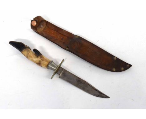 20th century hunting knife with deer hoof handle and scabbard, made by John Brookes of Sheffield.  Blade 12.7cm long, overall