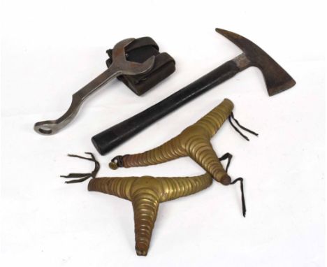 Small quantity of fireman related items to include rubber insulated escape axe, fireman's spanner by Merryweather, London, pa