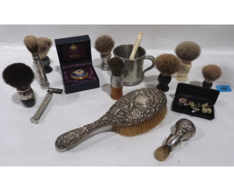 A collection of shaving requisites to include a Mont Blanc shaving brush . A Royal Worcester box and other objects