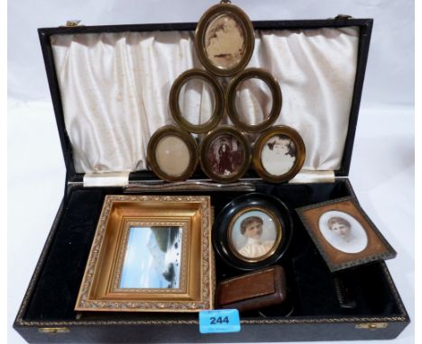Two portrait miniatures, frames, snuffbox etc.