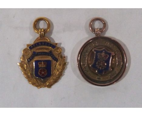 Two 9ct and enamel soccer medals, Holbrook League Cup. 16.2g