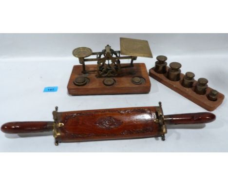 A set of letter scales, a set of brass weights and an Indian dagger and fork in treen scabbard.