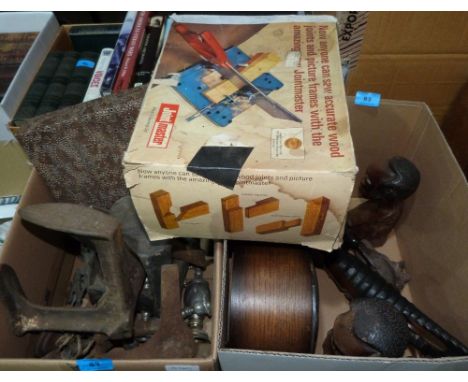 A box of treen and a box of shoe lasts and other metalware