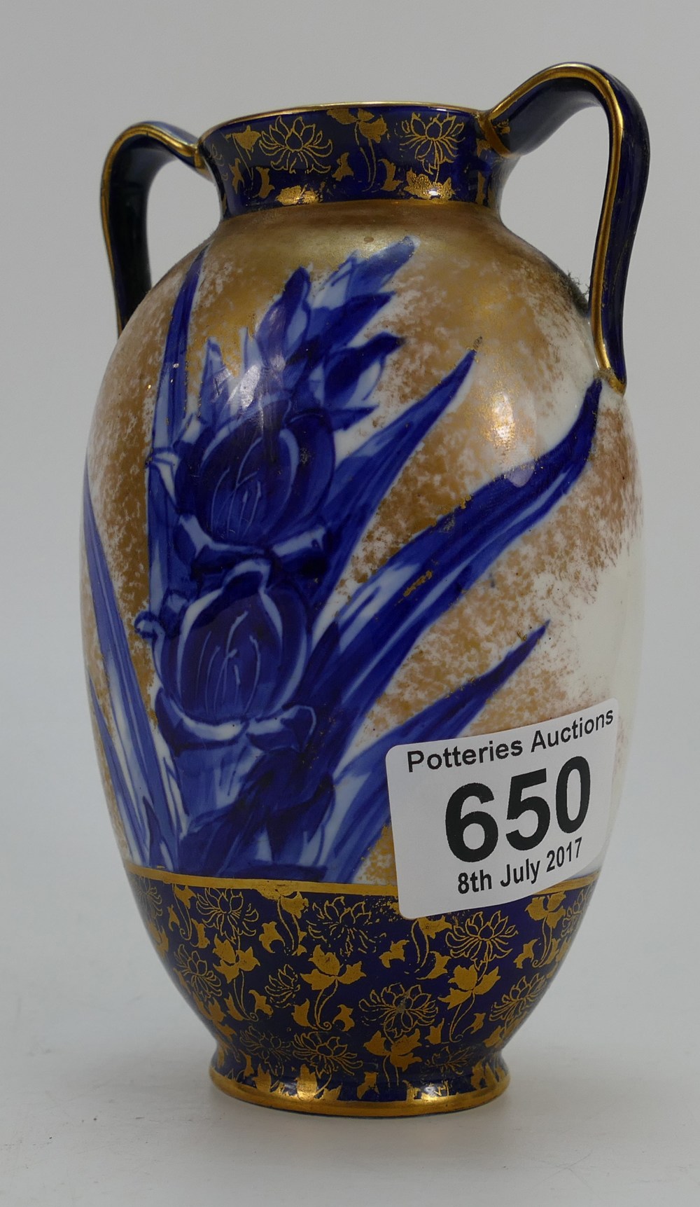 Royal Doulton blue and gold twin handled vase with iris design. (Repair