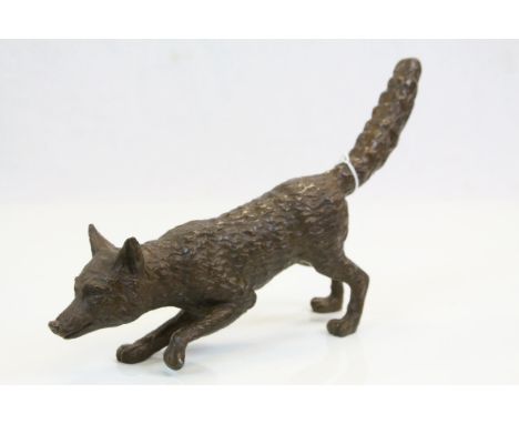Cold painted Brass model of a Fox in stalking or hunting pose, approximately 12 inches long
