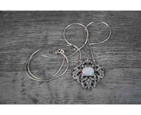 Silver and CZ Pendant Necklace with Central Opal Panel