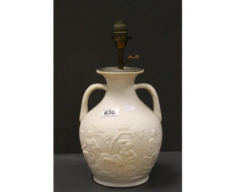 Wedgewood style two handled Lamp base, vase design with Classical figures in relief, stands approximately 9.5 inches tall, no