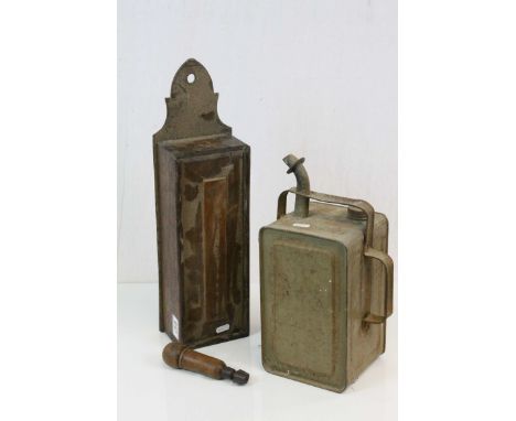 Vintage metal Parrafin can, Oak Candle box &amp; a wooden handled multi tool with tools in the handle