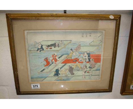 Gilt Framed Signed Japanese Woodblock of Figures celebrating