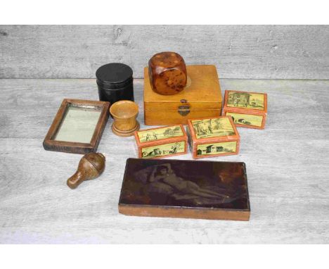 Ebony dressing table pot, Mauchlinware style trinket boxes, turned wooded egg cup, large wooden dice etc