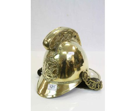 19th Century Brass Fireman's Helmet, Merryweather style with Dragon detailing to the comb, fire fighting badge to front, has 