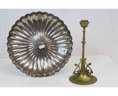 Elkington Silver Plated Fluted Bowl, 27cms diameter together with Art Nouveau Brass Candlestick 24cms high