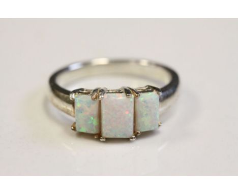 Silver Three Stone Opal Ring