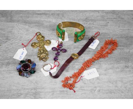 Collection of costume jewellery to include Victorian paste gold plated cross pendant, formed of six oval mixed cut purple pas