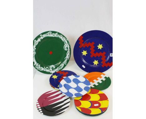 Collection of Anna Domenici ceramic plates, nine small and two large all with colourful Abstract design, larger plates measui