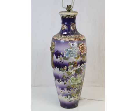 Large Japanese Pottery Table Lamp decorated with Flowers on a Purple Ground, 65cms high