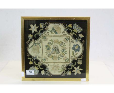 Later framed and glazed 18/19th Century Tapestry depicting a Courting Couple with Flowers, approximately 13 x 12 inches