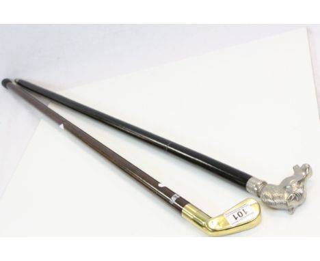 Ebonised walking stick with white metal Horse head finial and another wooden stick with Brass Golf club end that unscrews to 